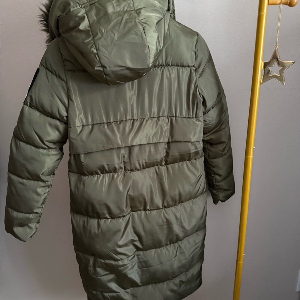 Olive Green Longline Puffer Coat Faux Fur Hood Size M - Picture 6 of 7